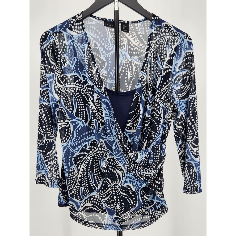 Tahari Womens Blue Abstract Leaf Print Mesh Wrap Top 3/4 Sleeve Size Large